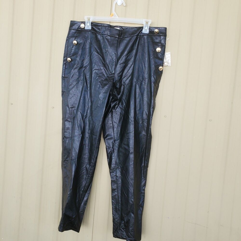 Michael Kors Women's Black Faux Leather Zip Front Pants, Gold Buttons, Size 12